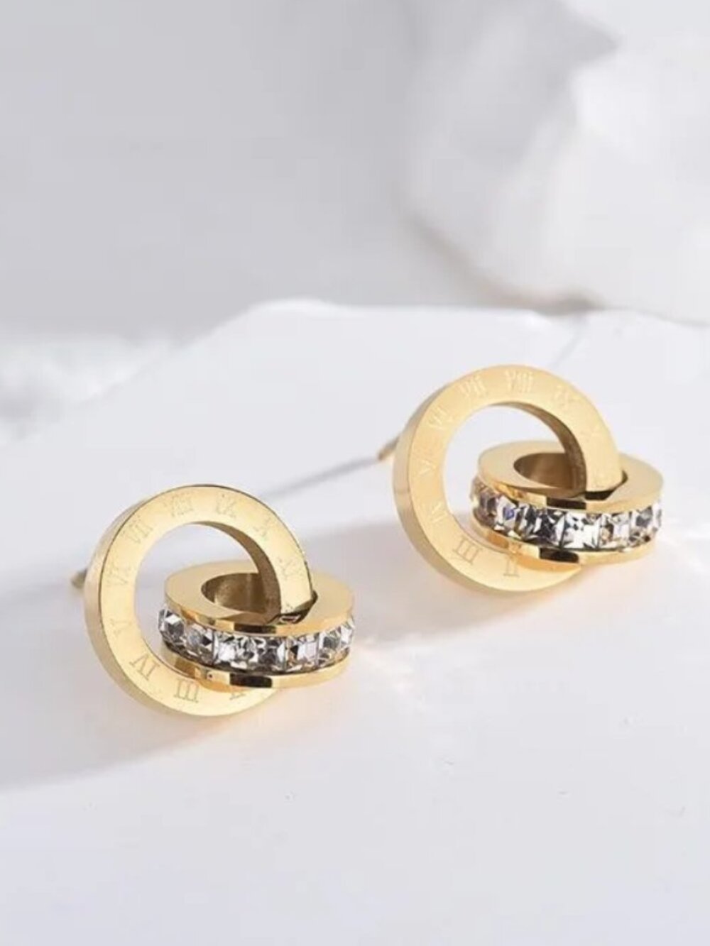 Luxury Roman Numeral Crystal Earrings Gold Waterproof Jewelry